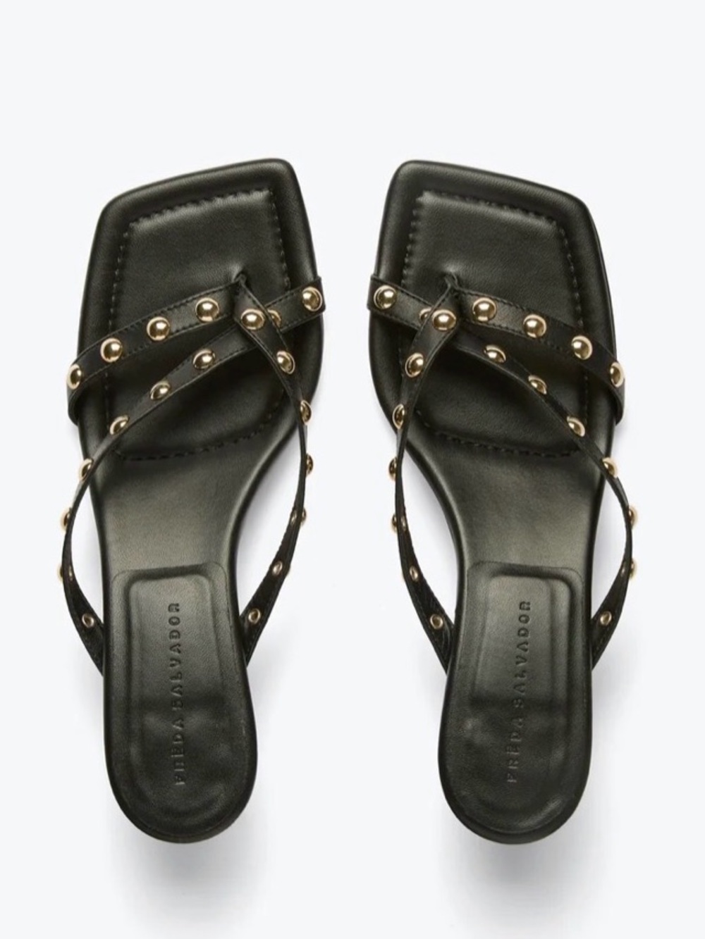 EUC Freda Salvador Elaine Heeled Sandal in Black Napa with Gold Studs size 7